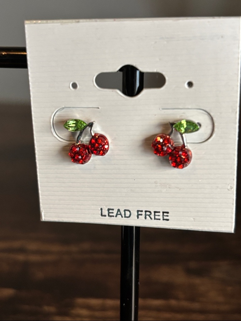 Red Cherry Crystal Stud Earrings with Green Leaf Accent
